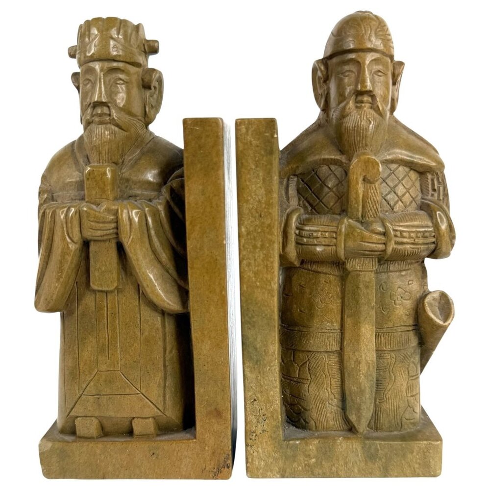 Vintage Hand Carved Soapstone Asian‎ Warrior & Scholar Bookends Pair Statuettes